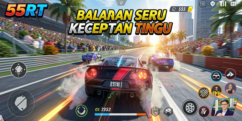 Tampilan gameplay seru dalam balapan 55RT dengan grafis menarik.