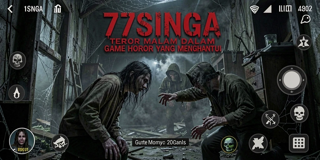 Tangkapan layar gameplay 77SINGA menampilkan momen menegangkan di lingkungan yang kelam.