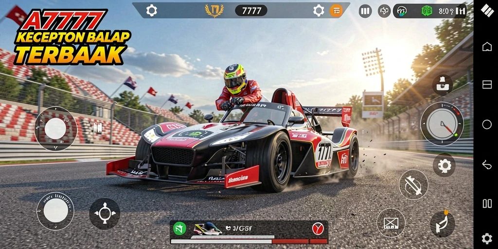 Screenshot A7777 menunjukkan balapan mendebarkan di lintasan yang menawan.