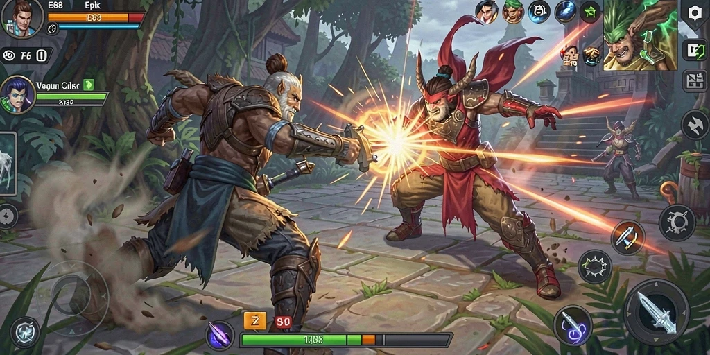 Tampilan gameplay intens E88 dengan karakter yang beraksi.