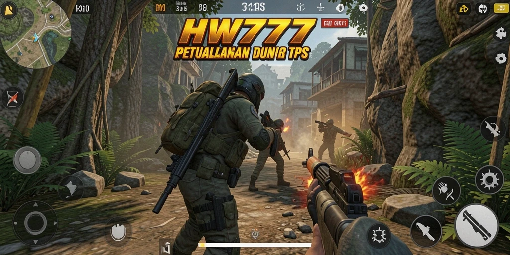 Tampilan aksi seru dalam gameplay HW777 bertipe TPS.