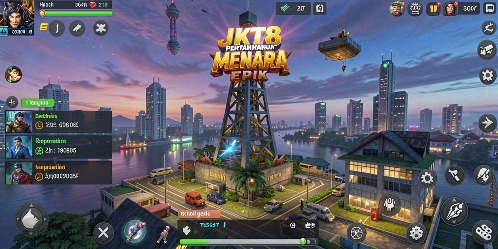 Screenshot gameplay JKT8 menampilkan menara yang siap berperang melawan serangan musuh.