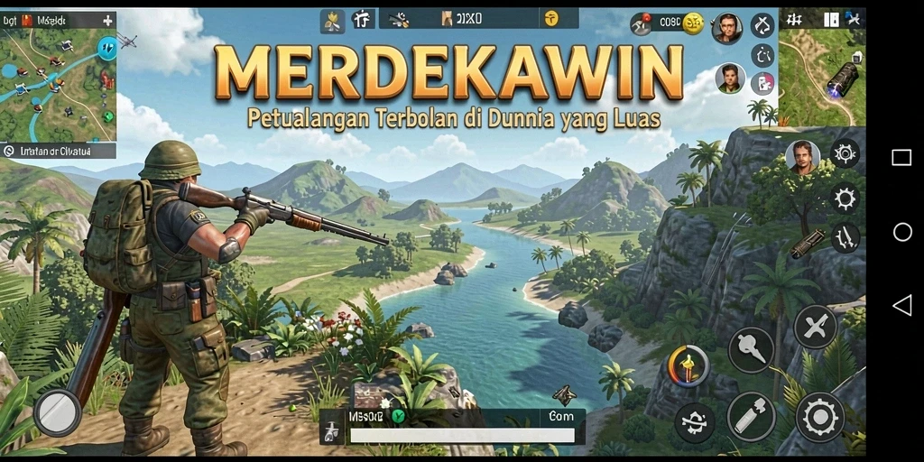 Screenshot gameplay MERDEKAWIN menampilkan petualangan seru di dunia terbuka.