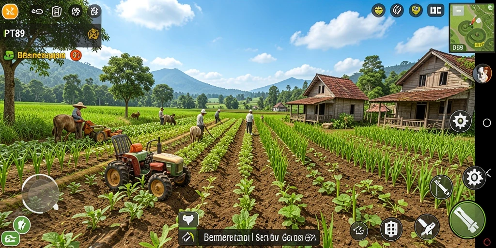 Tampilan gameplay PT89 dengan lahan pertanian yang subur dan hewan ternak yang bahagia.