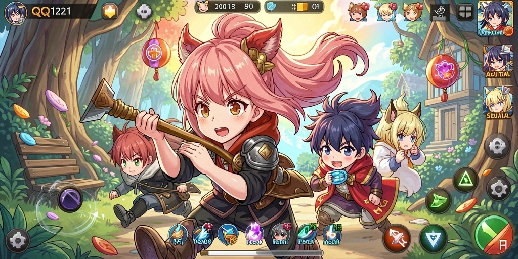 Screenshot gameplay QQ1221 yang menampilkan karakter Anime dalam pertarungan epik.