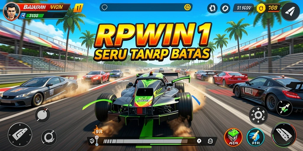 Screenshot gameplay RPWIN1 menampilkan balapan intens dan kendaraan yang sempurna.
