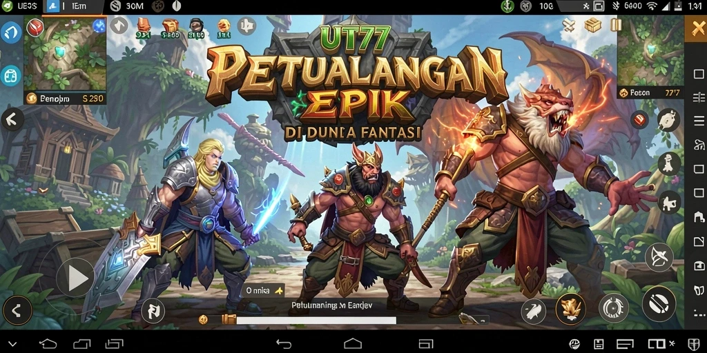 Screenshot UT77 menampilkan karakter bertempur di dunia fantasi yang luas.