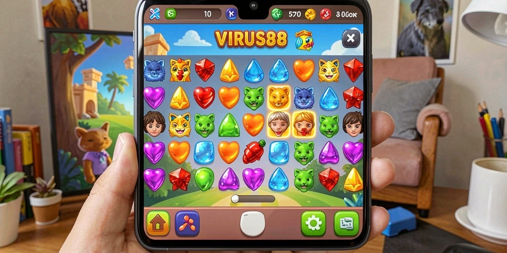 Tangkapan layar menunjukkan gameplay seru dalam VIRUS88 Match-3.