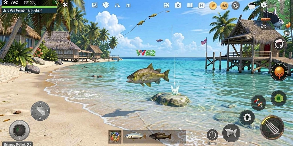 Screenshot gameplay VV62 yang menampilkan suasana memancing yang seru.